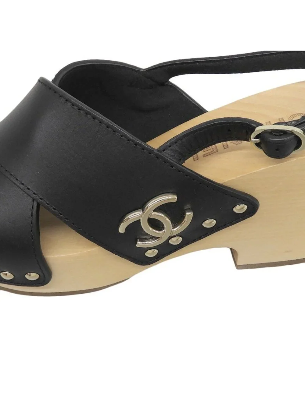 Chanel CC Logo Wood Wedge Sole Sandals 34 Black Almost Kids